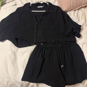 Chic Black Button-Up Top and Shorts Set